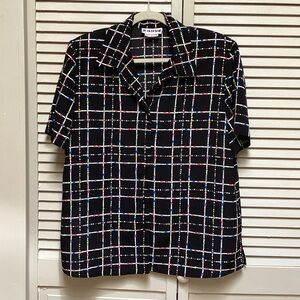 Joan Leslie Black Short-Sleeve Grid Blouse with Multicolor Dot Accents Vintage